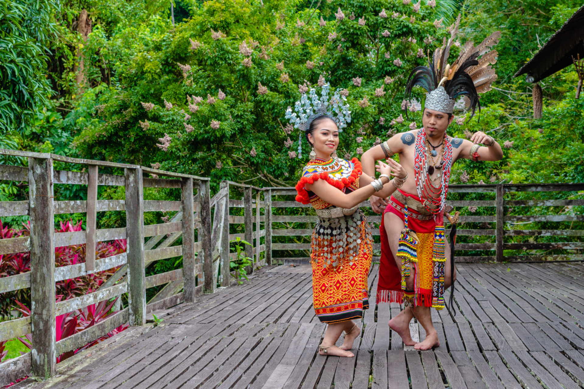 Dancers in traditional dress at the Sarawak Cultural Village