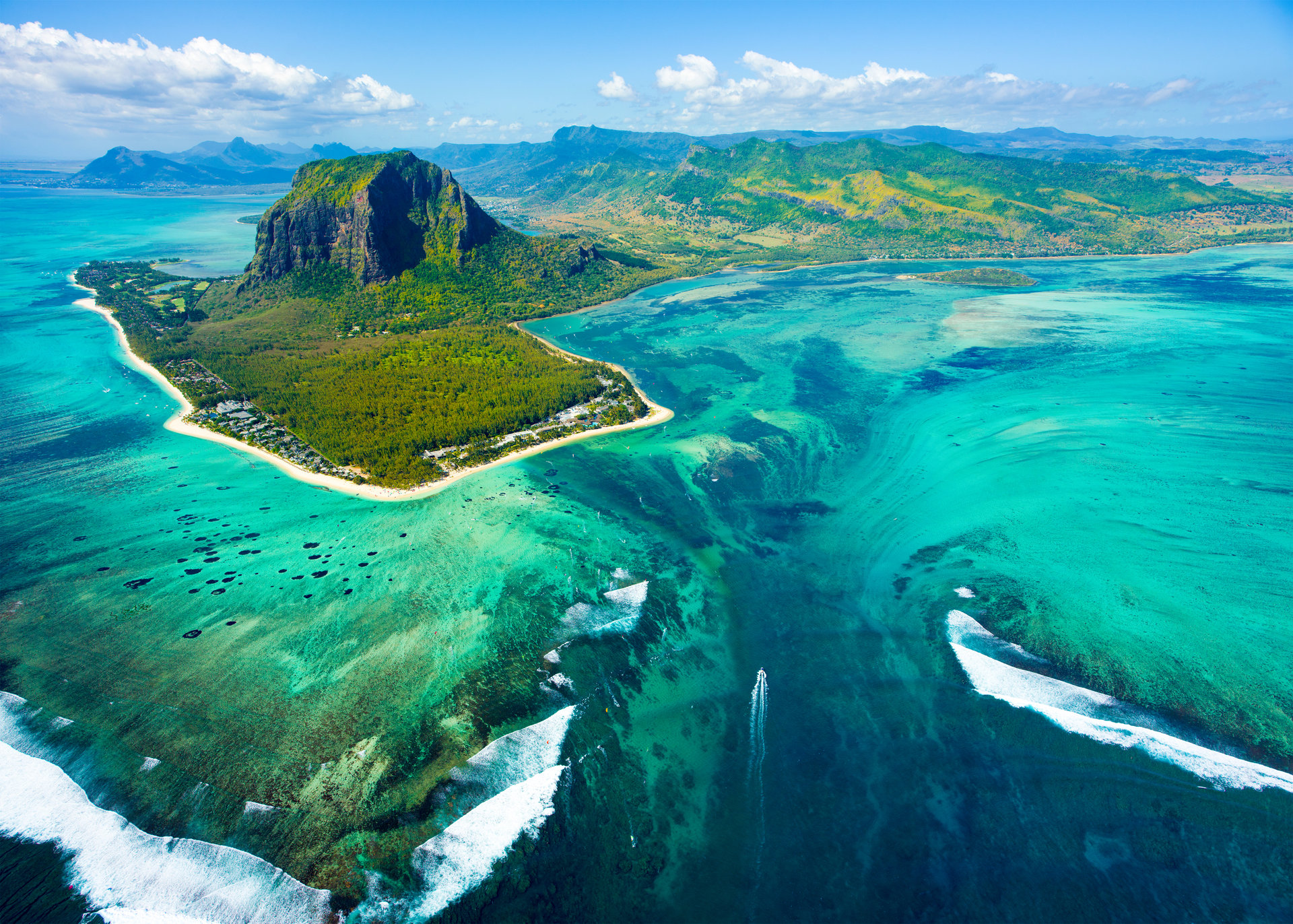 The Le Morne peninsula and its turquoise lagoon from the air