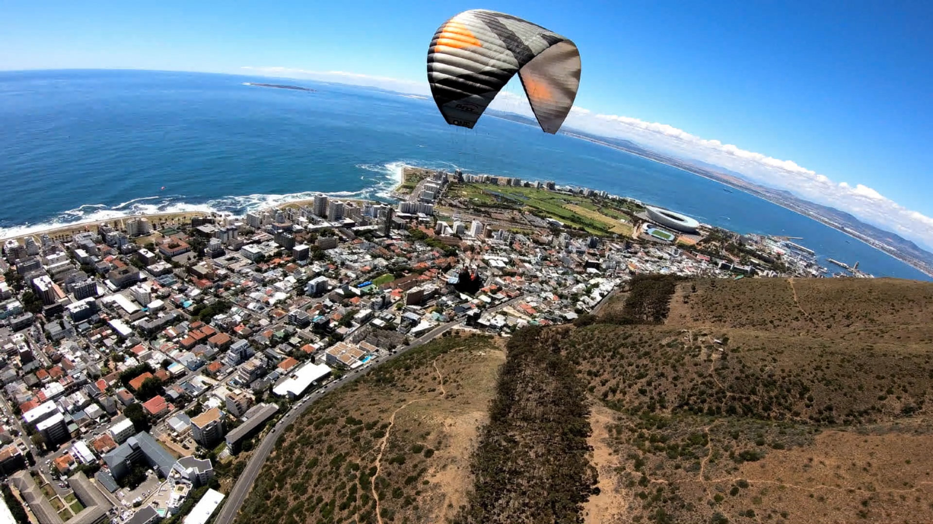 Cape Town and the Atlantic seen from a paraglider launch on Signal Hill