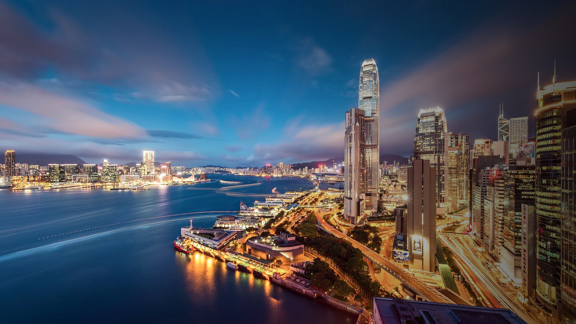 The Central harbourfront and ferry piers at blue hour
